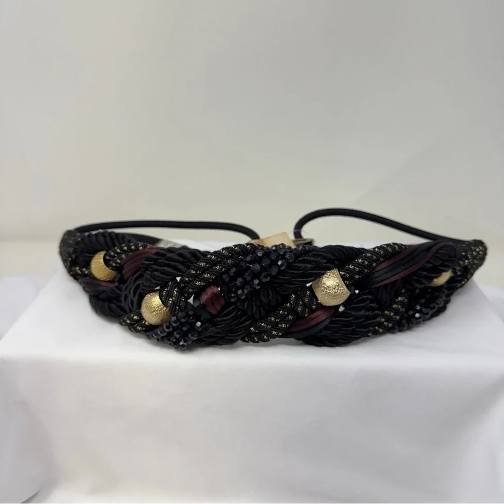Vintage Braided Rope Belt Black Gold Beaded Statement Belt Boho